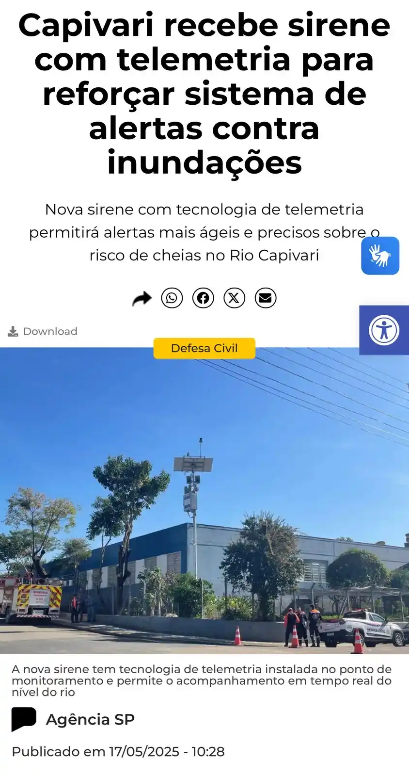 Image from Defesa Civil do Estado de São Paulo: *Capivari recebe sirene com telemetria para reforçar sistema de alerta...