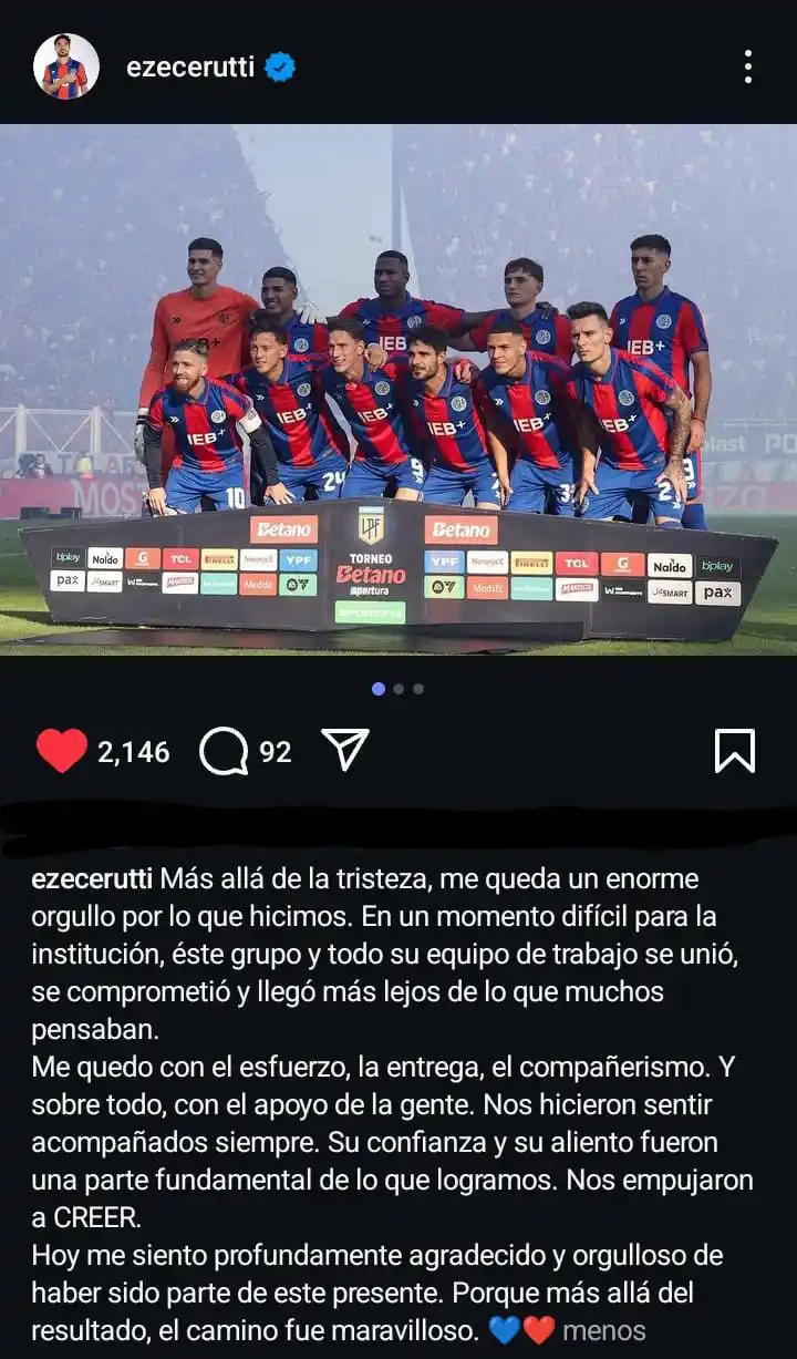 Image from SAN LORENZO DE ALMAGRO: 📲 El posteo del Pocho Cerutti agradeciendo a todos menos al CT salien...