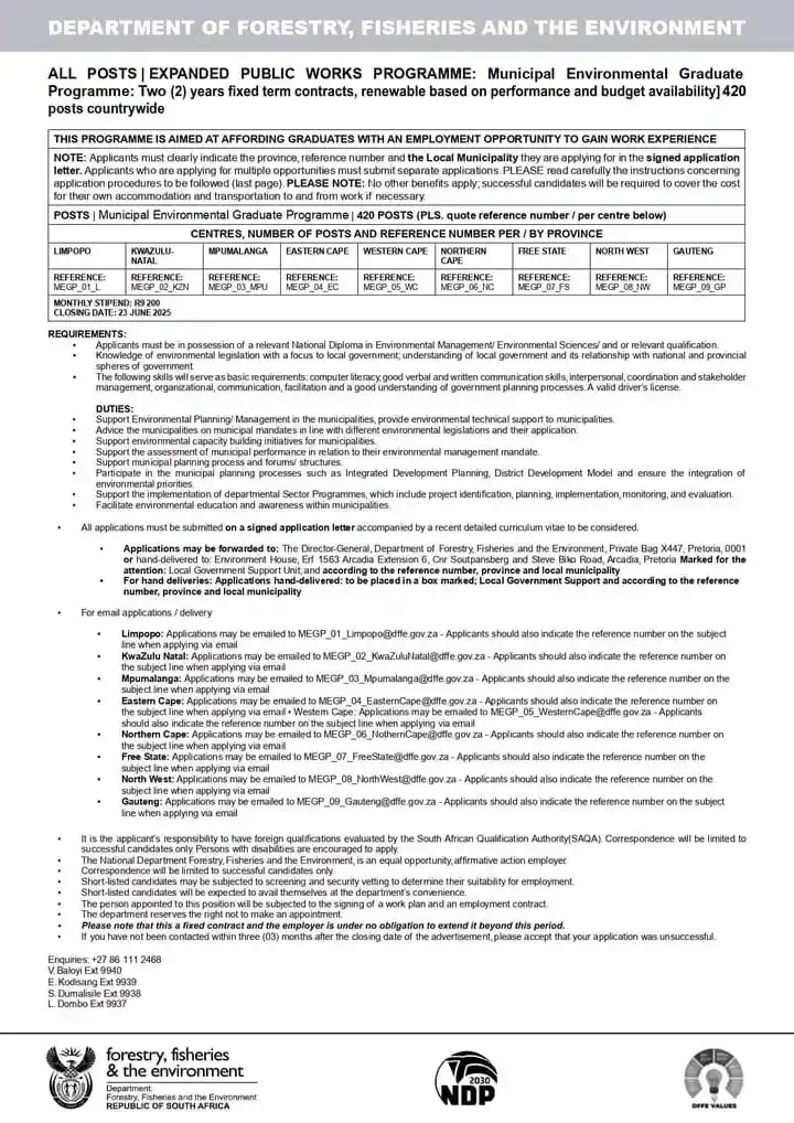 Image from Jobs Sharing & Learnerships - Skills Development Plan: EPWP Opportunities x430 posts Department Forestry, Fisheries and the...