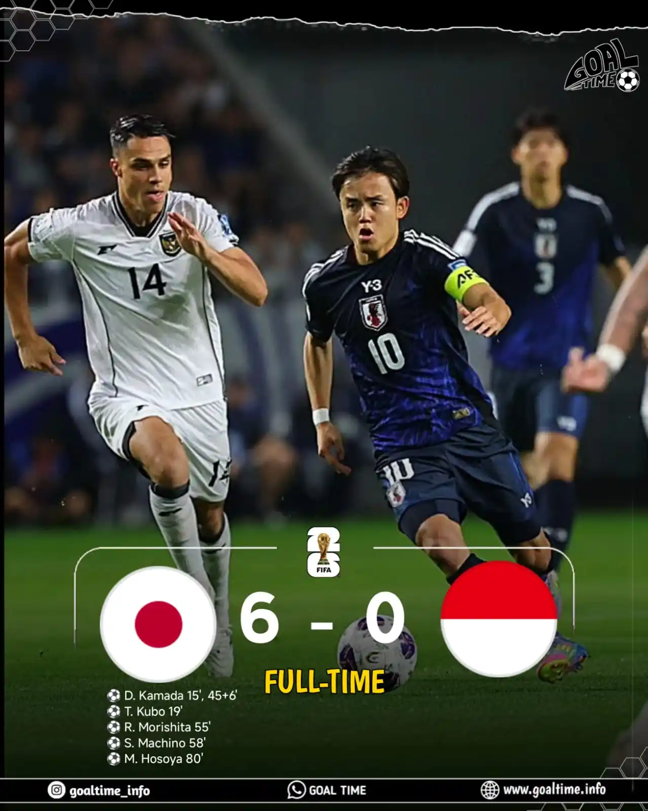 Image from GOAL TIME: 🚨 `FULL TIME` Jepang 6 vs 0 indonesia ⚽ D. Kamada 15', 45+6' ⚽ T. Ku...