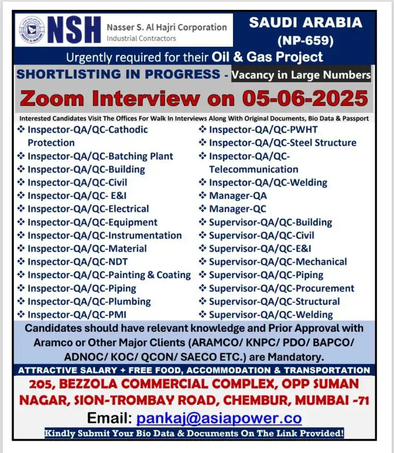 Image from Jobs Bangalore and Chennai 🏢: 🚨 HIRING for SAUDI ARABIA 🇸🇦 (NSH – NP-659) 🛢️ Oil & Gas Project –...