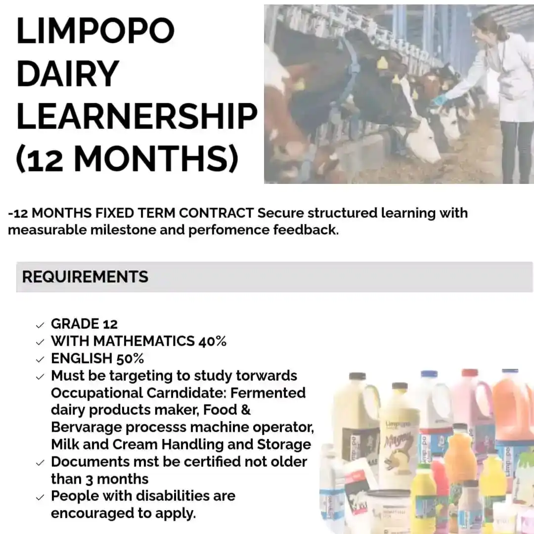 Image from Jobs Sharing & Learnerships - Skills Development Plan: Limpopo Learnership Dairy 2025 (12 Months) FULL DAETAILS https://tiny...