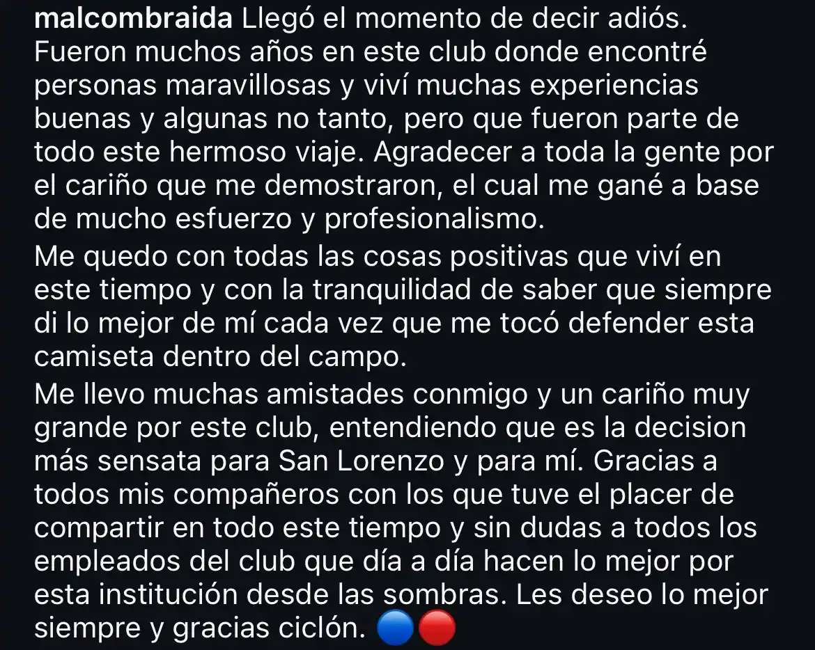 Image from SAN LORENZO DE ALMAGRO: 🚨 *MALCOM BRAIDA SE DESPIDIÓ DE SAN LORENZO.* 📲 El jugador realizó ...