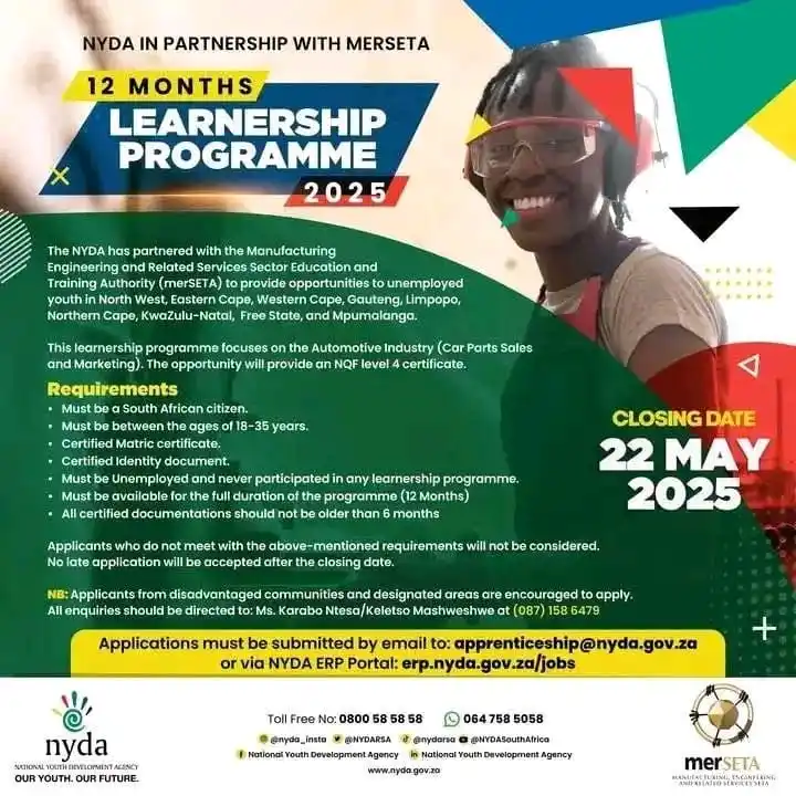 Image from Jobs Sharing & Learnerships - Skills Development Plan: NYDA & merSETA LEARNERSHIP OPPORTUNITY!  12-Month Programme | Automoti...