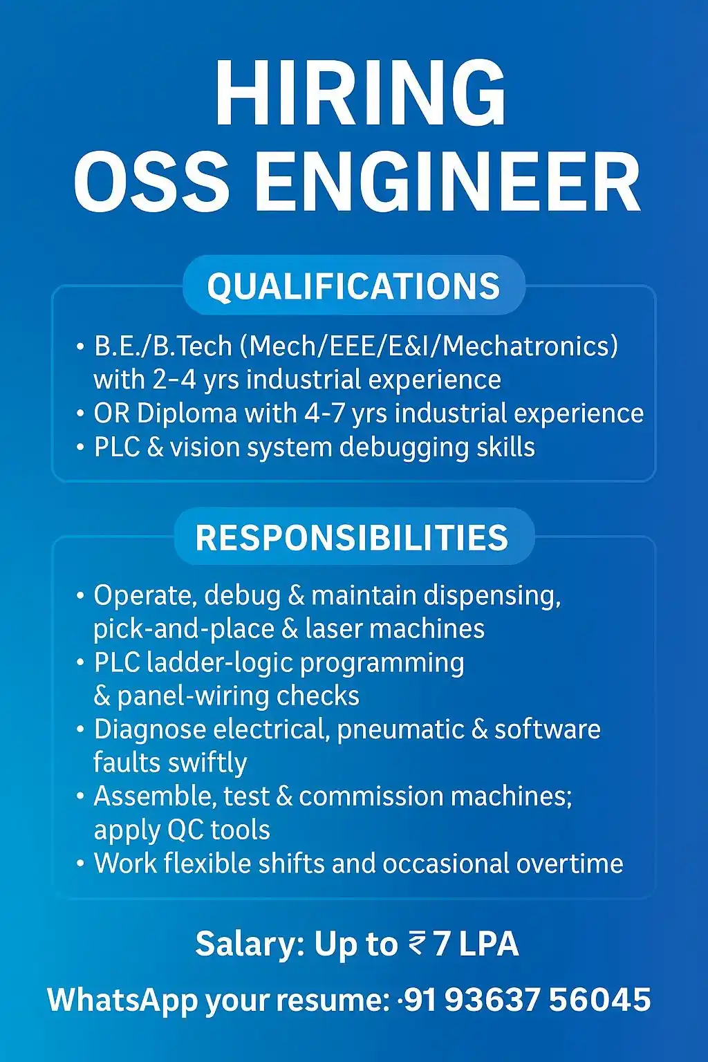 Image from Jobs Bangalore and Chennai 🏢: OSS Engineer Key Responsibilities Operate, debug and maintain indust...