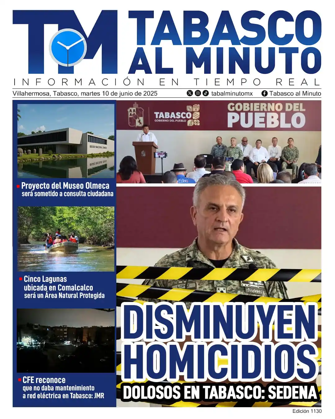Image from Tabasco al minuto: Portada 🗞️20250610 🔵Disminuyen homicidios dolosos en Tabasco:: SEDE...