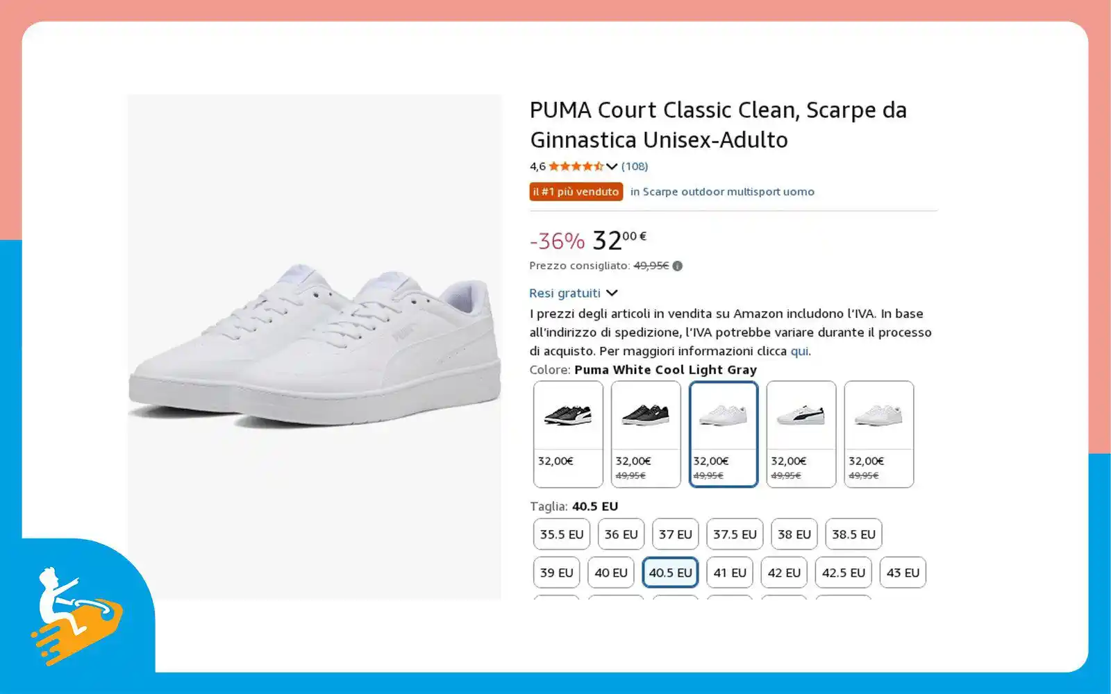 Image from La pagina degli sconti 💰: 👟 *PUMA Court Classic Clean, Scarpe da Ginnastica Unisex, Colore Bian...