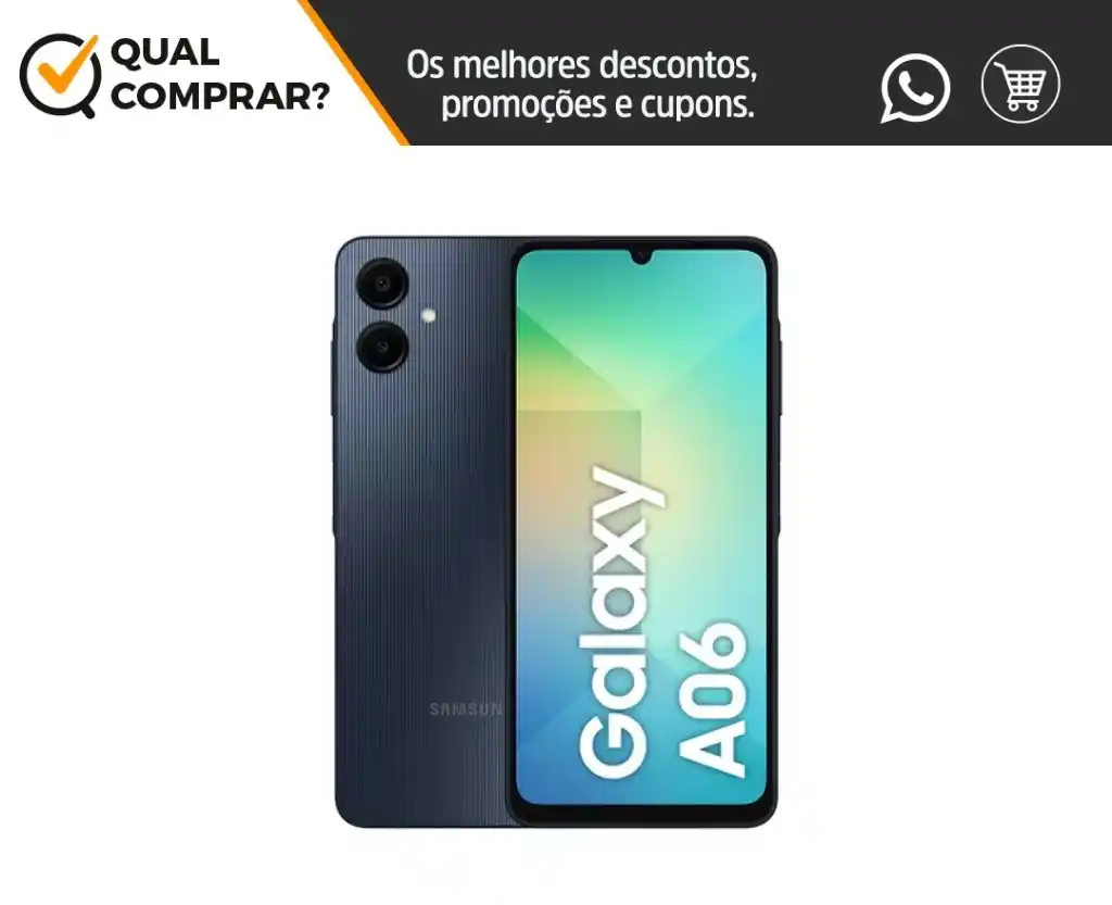 Image from TechTudo Ofertas | Qual Comprar? : 📱 *Samsung Galaxy A06 4G 128GB* * _Memória interna de 128GB._ * _Câ...
