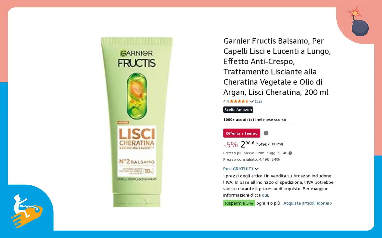 Image from La pagina degli sconti 💰: 🧨 *SUPERPREZZO!* 💇 *Garnier Fructis, Balsamo per Capelli Lisci e Luc...