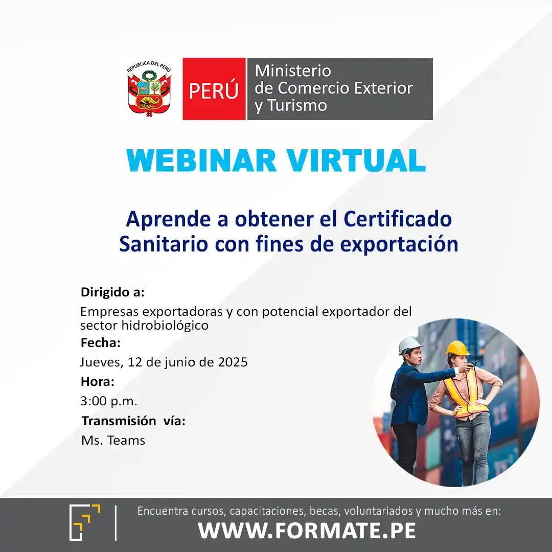 Image from Convocatorias Neg. Internacionales: Empleos - Prácticas - Capacitaciones: 📢 ¡Webinar virtual gratuita! Organizada por Mincetur 💬 Tema: Aprende...