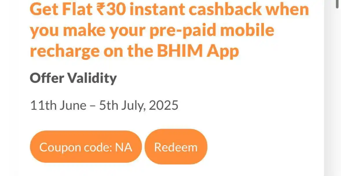 Image from DealzTrendz: BHIM APP : Flat ₹30 Cashback On Mobile Recharge •Vaild On Min. ₹199....