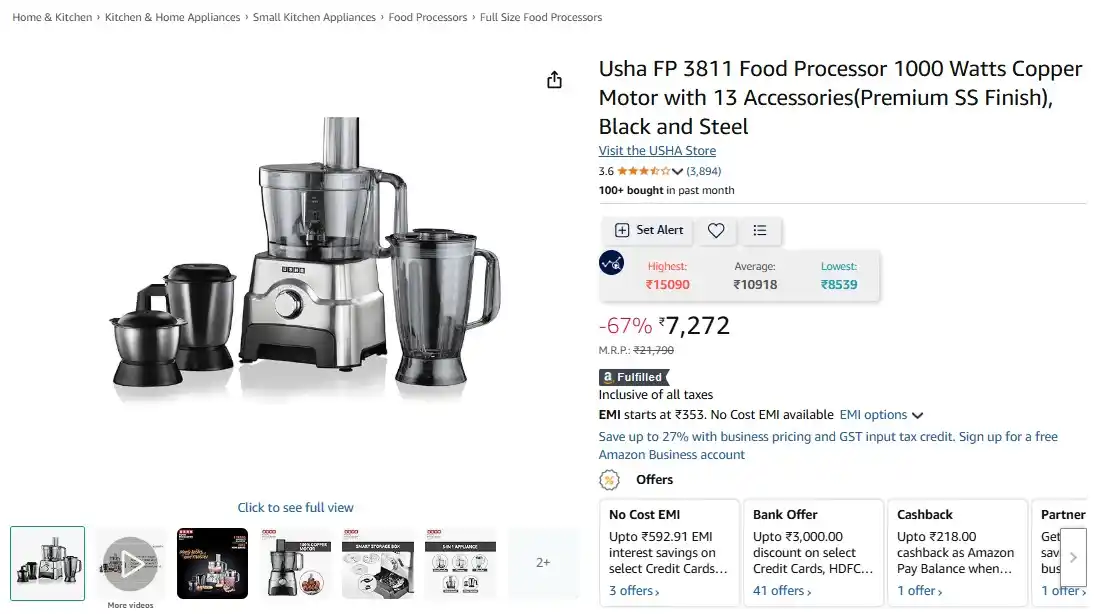 Image from Price History Deals: > *😱 🔥Mega Price Drop* *Usha FP 3811 1000W Food Processor ⚡ @ ₹727...
