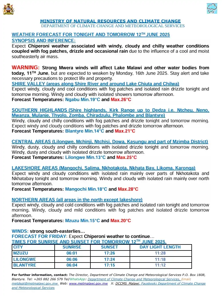 Image from Department of Climate Change and Meteorological Services: NYENGO YA USIKU UNO NDI MAWA PA 12 JUNE 2025 Usiku uno ndi mawa m’ma...