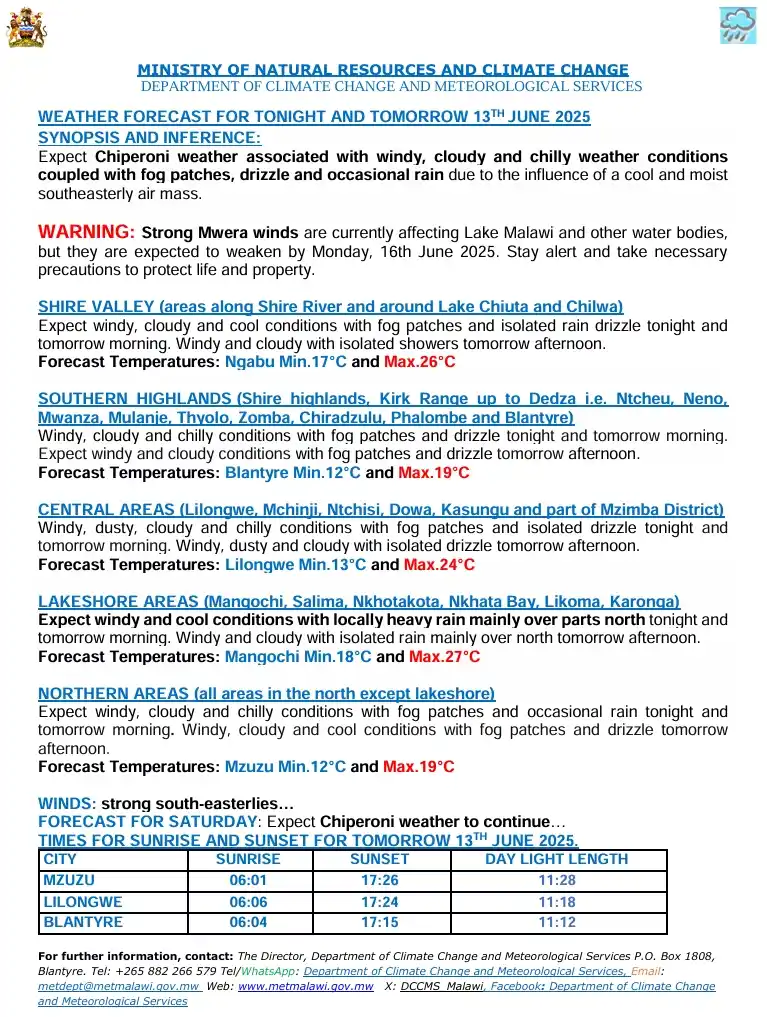 Image from Department of Climate Change and Meteorological Services: NYENGO YA USIKU UNO NDI MAWA PA 13 JUNE 2025 Usiku uno ndi mawa m’maw...