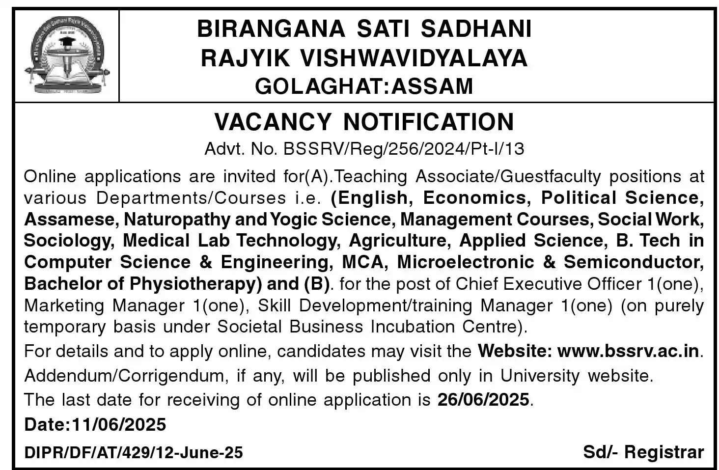 Image from 🇮🇳 Northeast India Job 🇮🇳: *BSSRV Golaghat Recruitment 2025*...