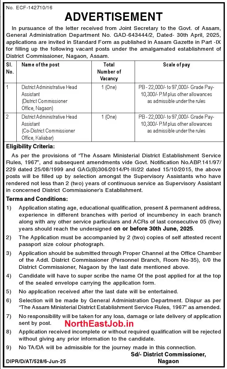 Image from 🇮🇳 Northeast India Job 🇮🇳: *DC Nagaon Recruitment 2025*...