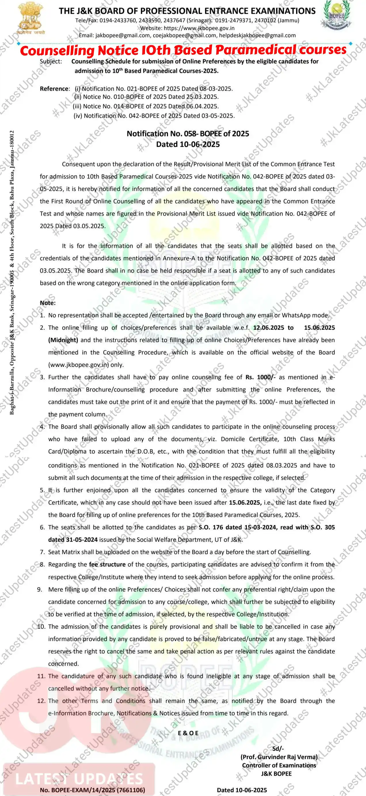 Image from #JkLatestUpdates: [J&K BOPEE] . . >> Counselling Schedule for submission of Online Prefe...