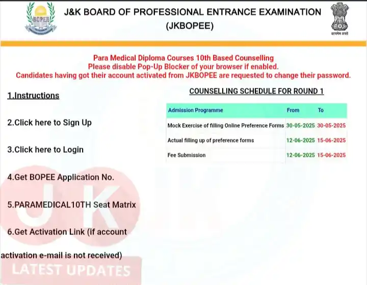Image from #JkLatestUpdates: [J&K BOPEE] . . >> Online Counselling for 10th-Based Paramedical Cours...