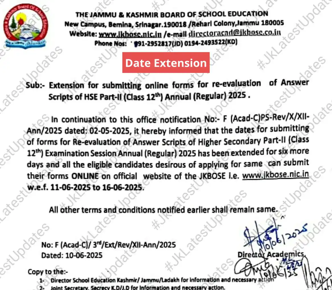 Image from #JkLatestUpdates: [J&K BoSE] . . >> Extension for submitting online forms for Re-evaluat...