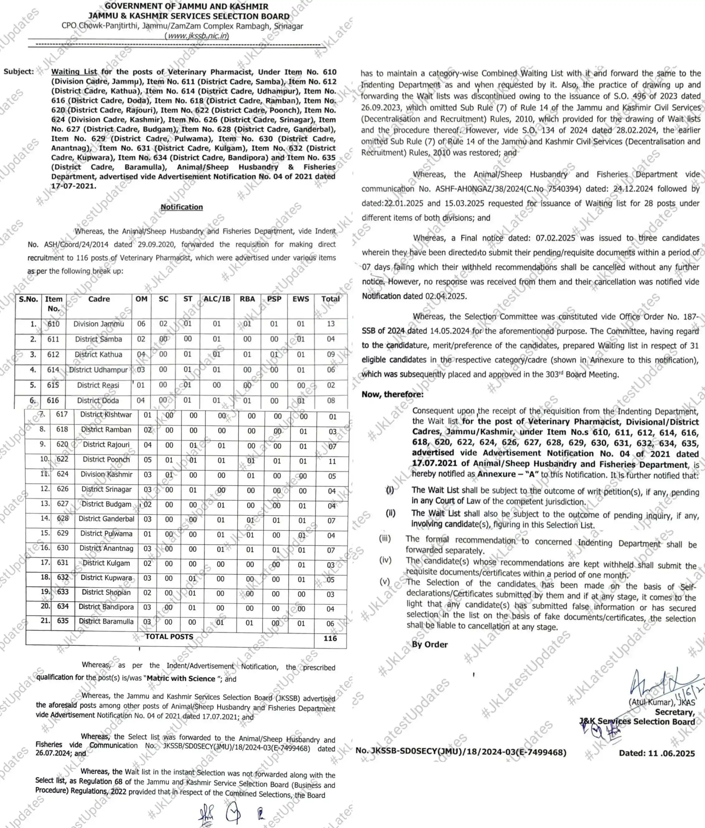 Image from #JkLatestUpdates: [J&K SSB] . . >>Waiting List for the posts of Veterinary Pharmacist, U...