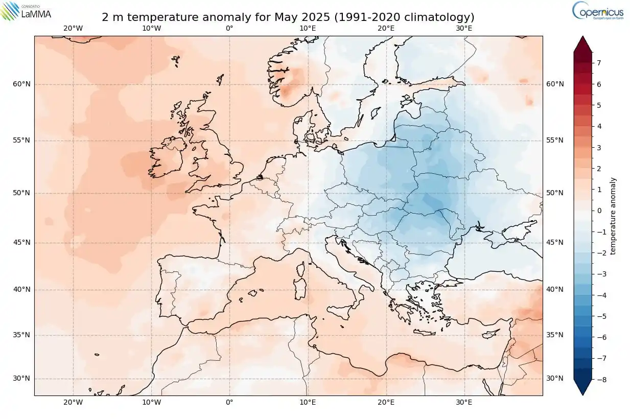 Image from Consorzio Lamma Meteo: Maggio 2025 e primavera. Globo: secondo Copernicus maggio 2025 è stato...