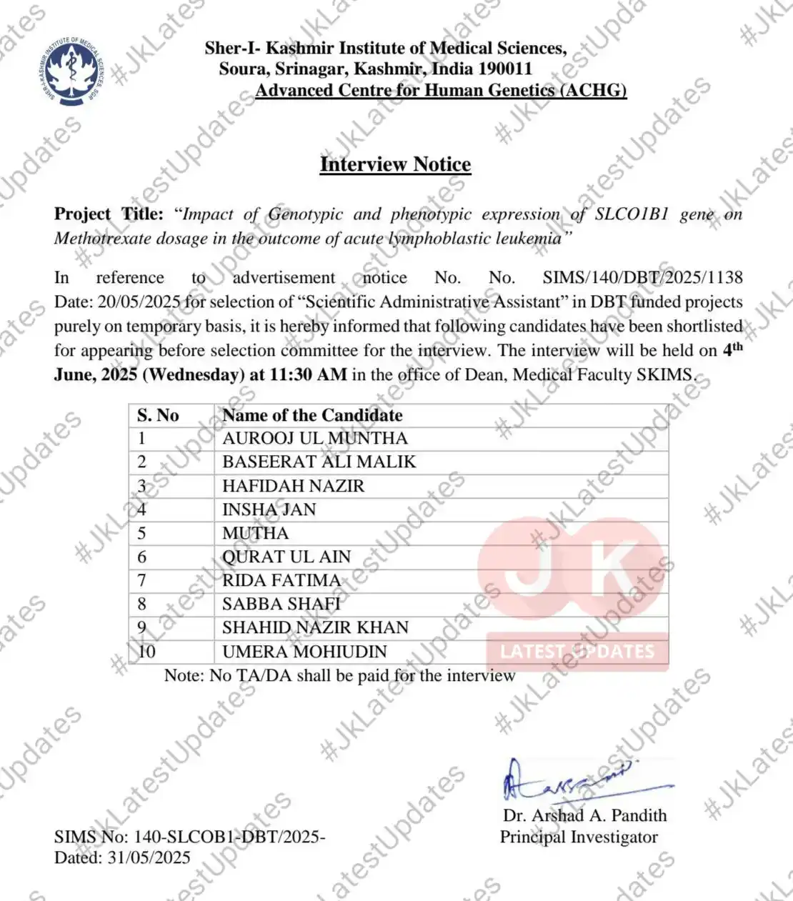 Image from #JkLatestUpdates: [SKIMS Soura] . . >>  INTERVIEW NOTICE: Project Title: “Impact of Geno...