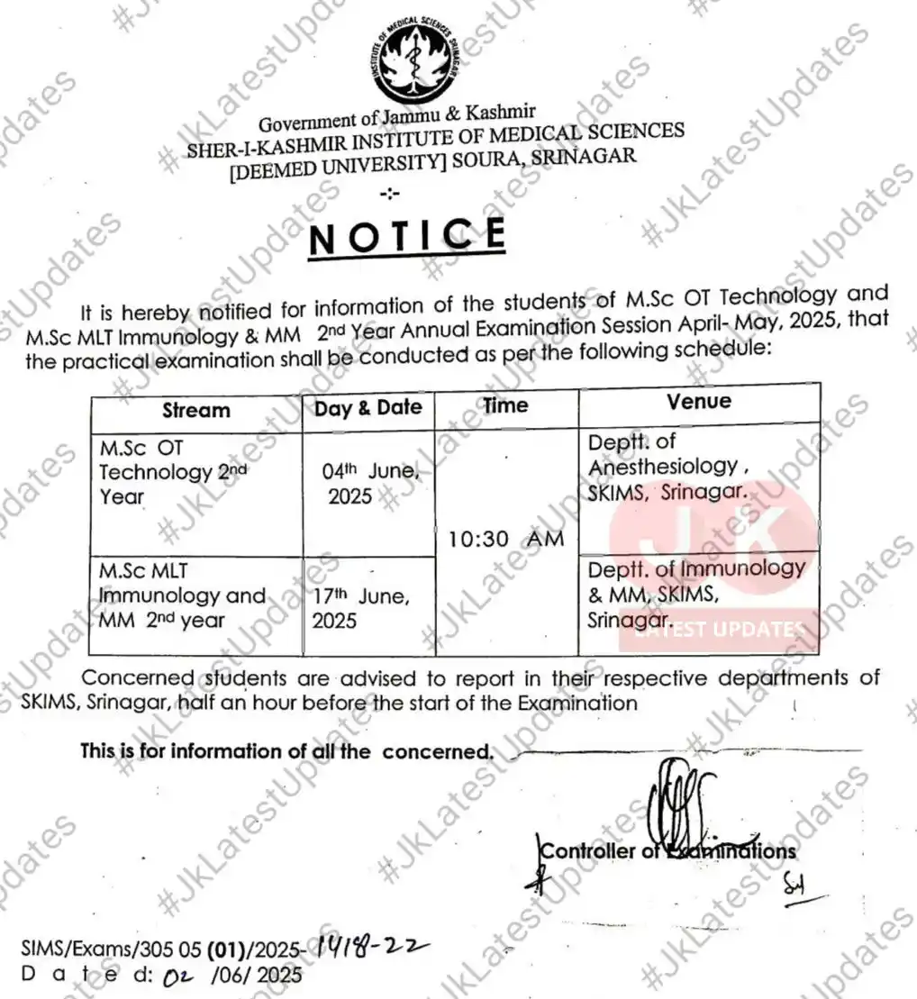 Image from #JkLatestUpdates: [SKIMS Soura] . . >>   Practical Date Sheet Annual Examination, M.Sc O...