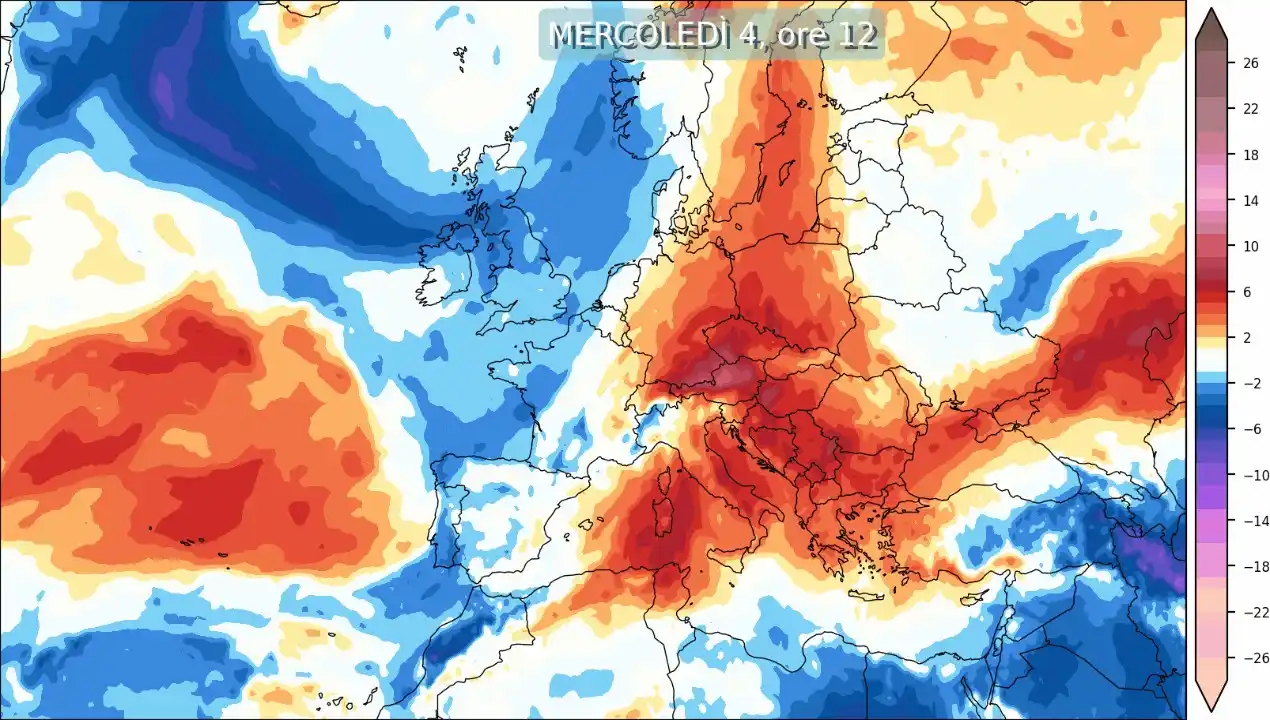 Image from Consorzio Lamma Meteo: Temperature in calo oggi sull'Europa occidentale e sul nord-ovest Ital...