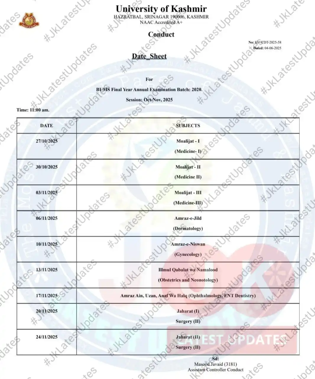 Image from #JkLatestUpdates: [University of Kashmir] . . >> Date Sheet for BUMS Final Year Annual e...