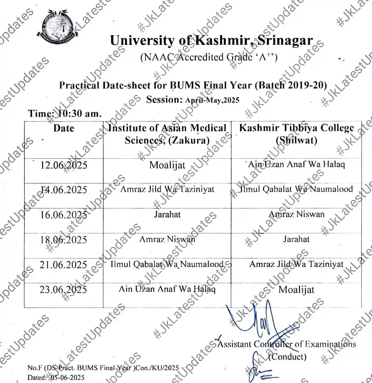 Image from #JkLatestUpdates: [University of Kashmir] . . >> Practical Date Sheet for BUMS Final Yea...