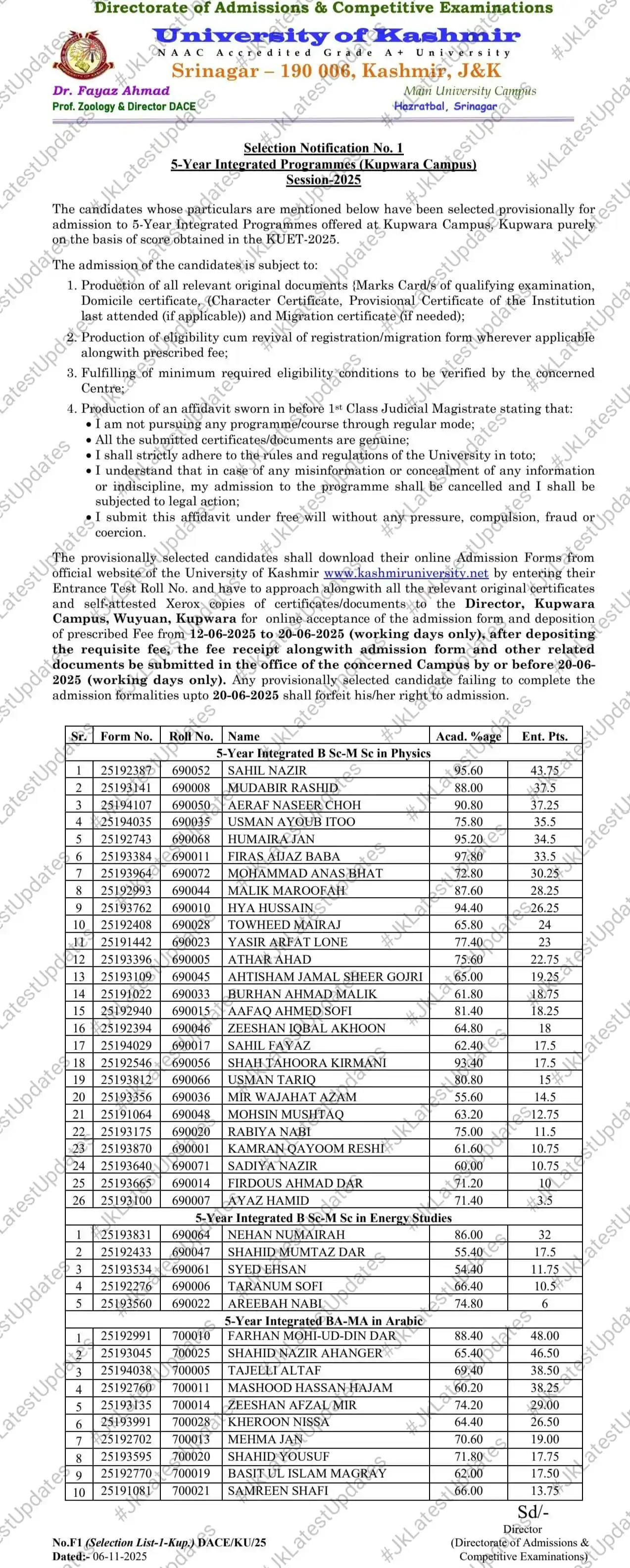 Image from #JkLatestUpdates: [University of Kashmir] . . >> Selection Notification No. 1 For 5-Year...