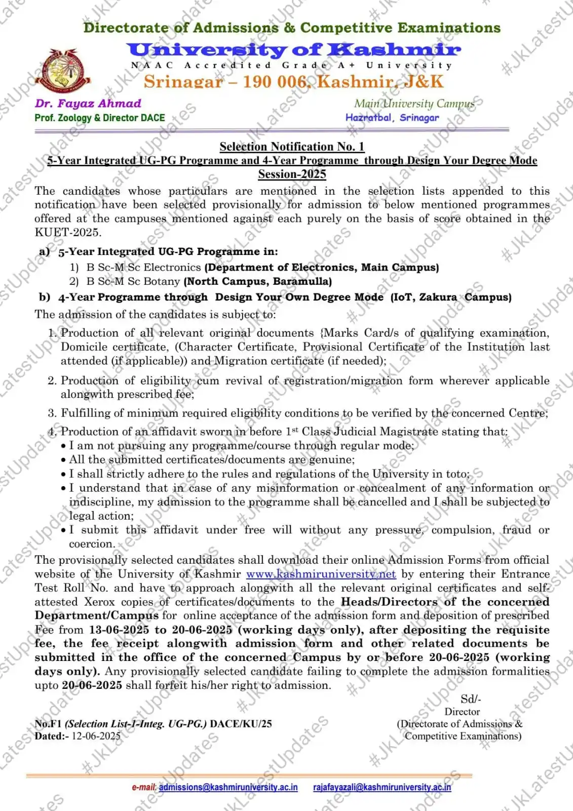 Image from #JkLatestUpdates: [University of Kashmir] . . >> Selection Notification No. 1 for Admiss...