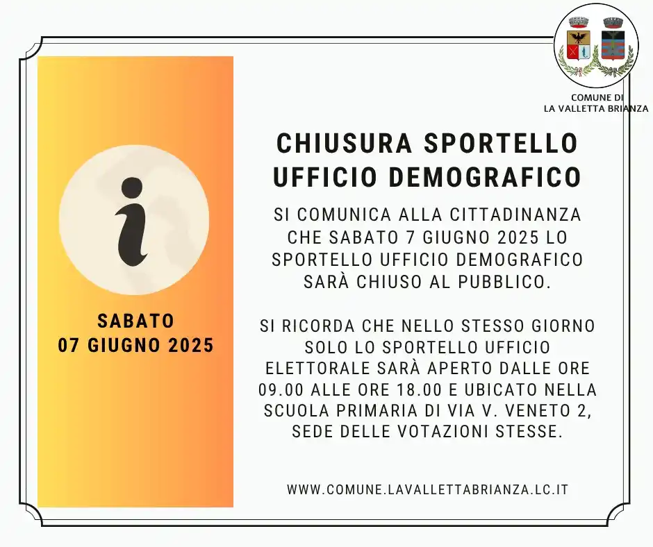 Image from Comune di La Valletta Brianza: 📢 Avviso alla cittadinanza Si informa che sabato 7 giugno 2025 lo spo...
