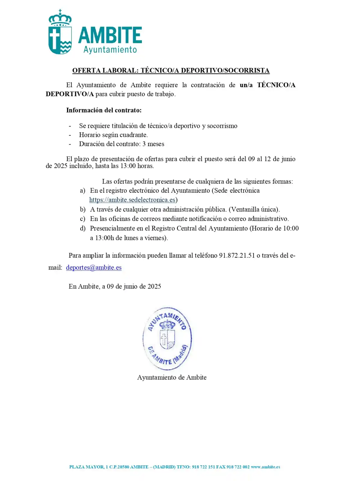 Image from Ayuntamiento de Ambite - Servicio de Información Vecinal.: 🏛️ CONTRATACIÓN TEMPORAL DE TÉCNICO/A DEPORTIVO/SOCORRISTA Se preci...