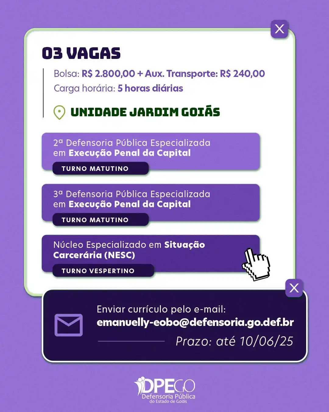Image from JUSINTEGRA🏘️: defensoriapublicagoias 📣 Atenção, estudantes de pós-graduação e...