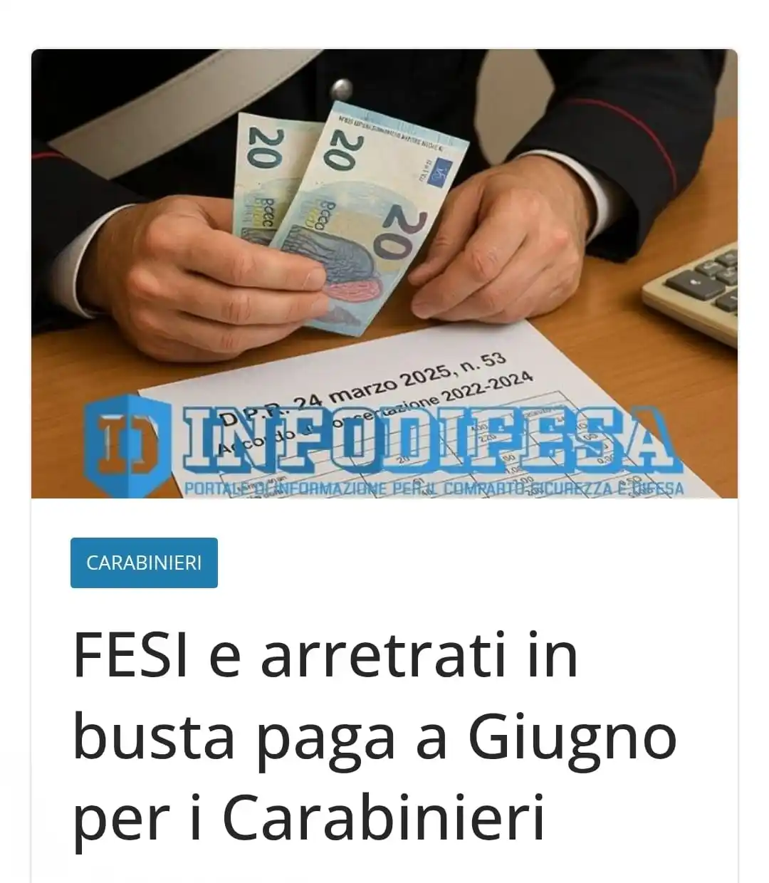 Image from Cobar News: *FESI e arretrati in busta paga a Giugno per i Carabinieri* . I carab...