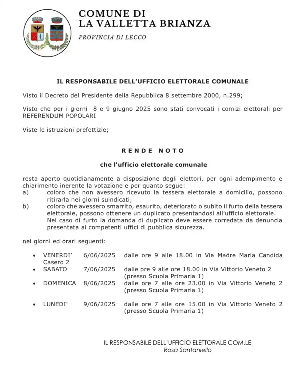 Image from Comune di La Valletta Brianza: 📢 REFERENDUM 8-9 GIUGNO 2025 🗳️ 📅 Sabato 8 e domenica 9 giugno si...