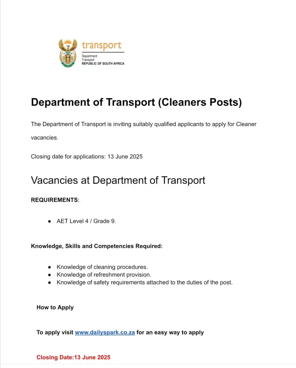 Image from KAHUNGU: Reminder: The Department of Transport is seeking Cleaners to submit th...
