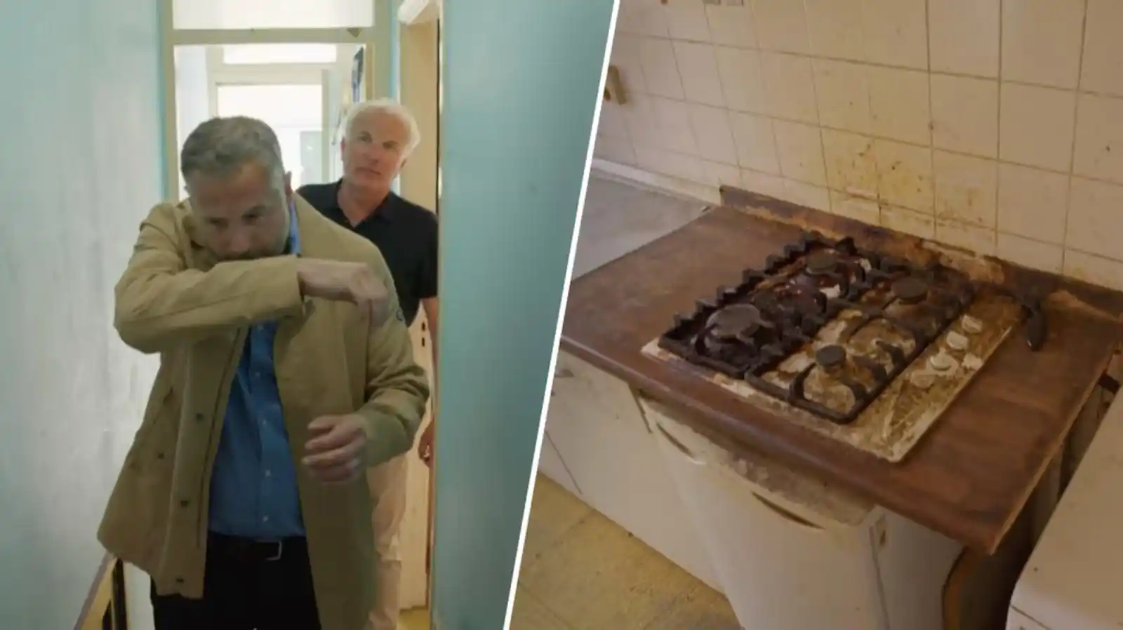 Image from RTL Boulevard: *Bob Sikkes en Tijl Beckand vluchten kokhalzend uit horrorhuis in De M...