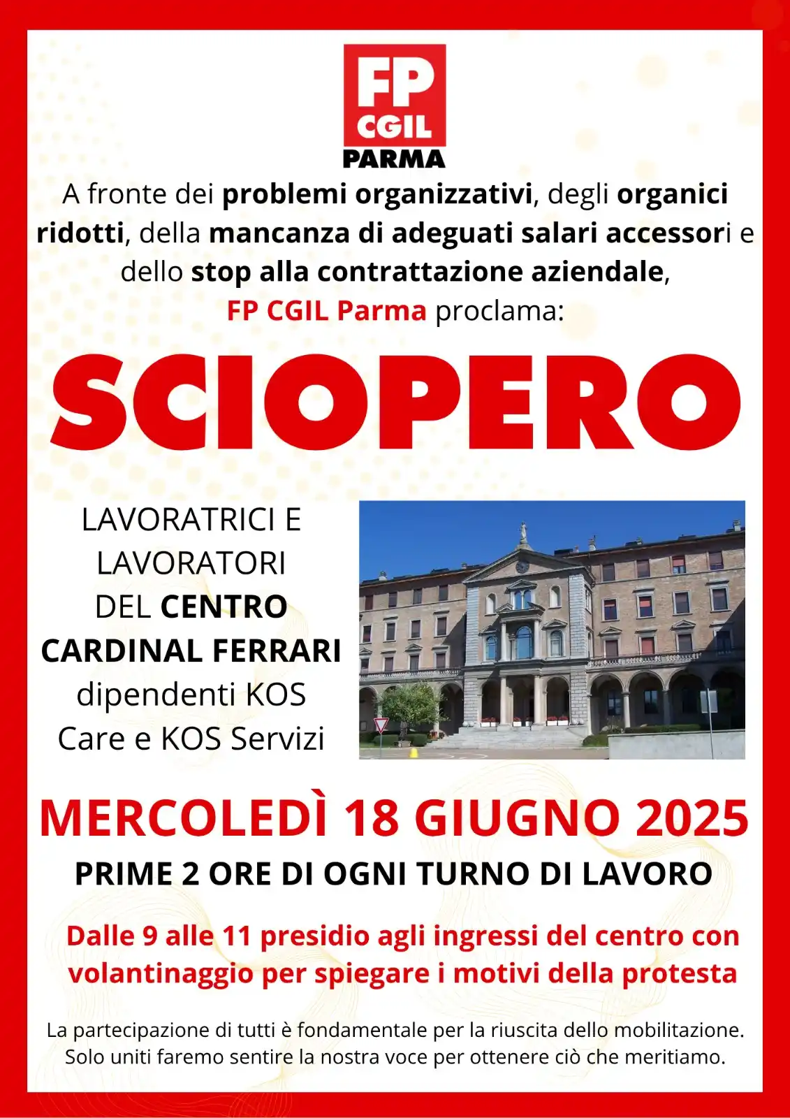 Image from FP CGIL Parma: 🟥 *Cardinal Ferrari, FP CGIL Parma proclama lo sciopero per il 18 giu...