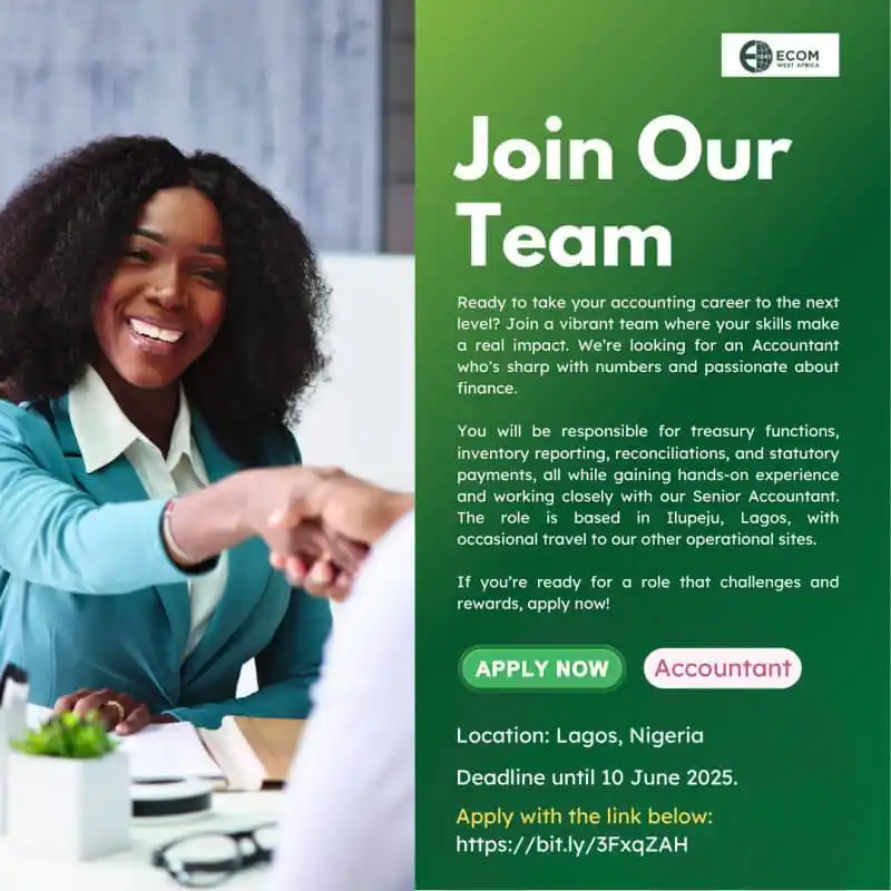 Image from Verifiable Jobs/ Opportunities With #AdetolaElegbeje: Job Alert! ECOM Nigeria is hiring an Accountant in Lagos (Ilupeju Offi...