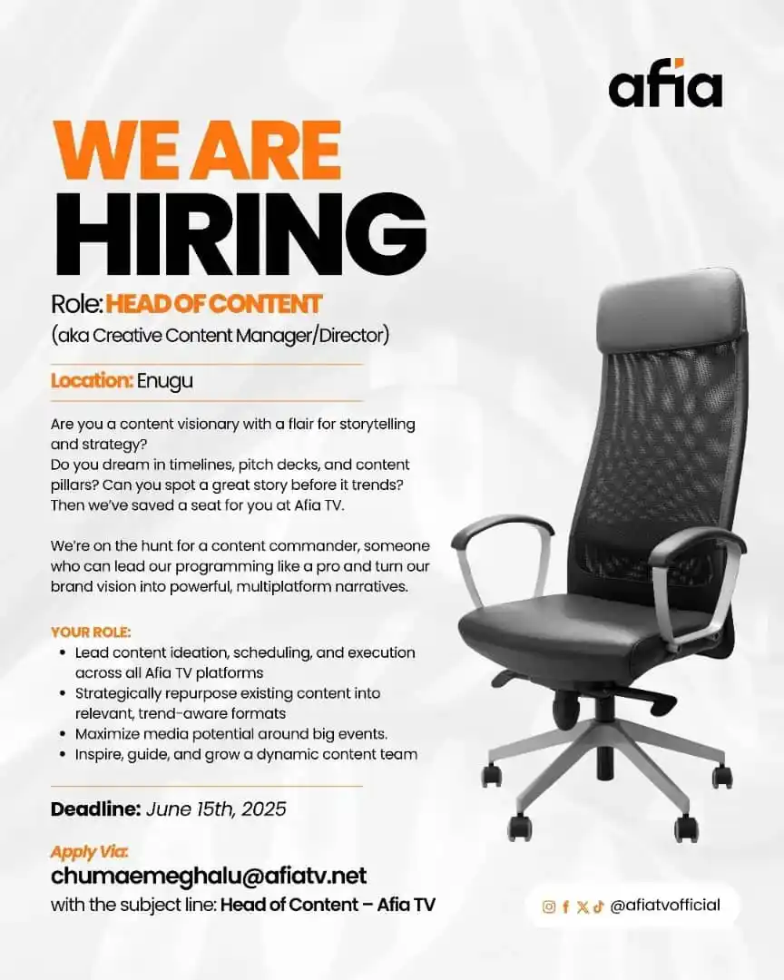Image from Verifiable Jobs/ Opportunities With #AdetolaElegbeje: Now hiring a Head of Content, but not just any content, We're talking ...