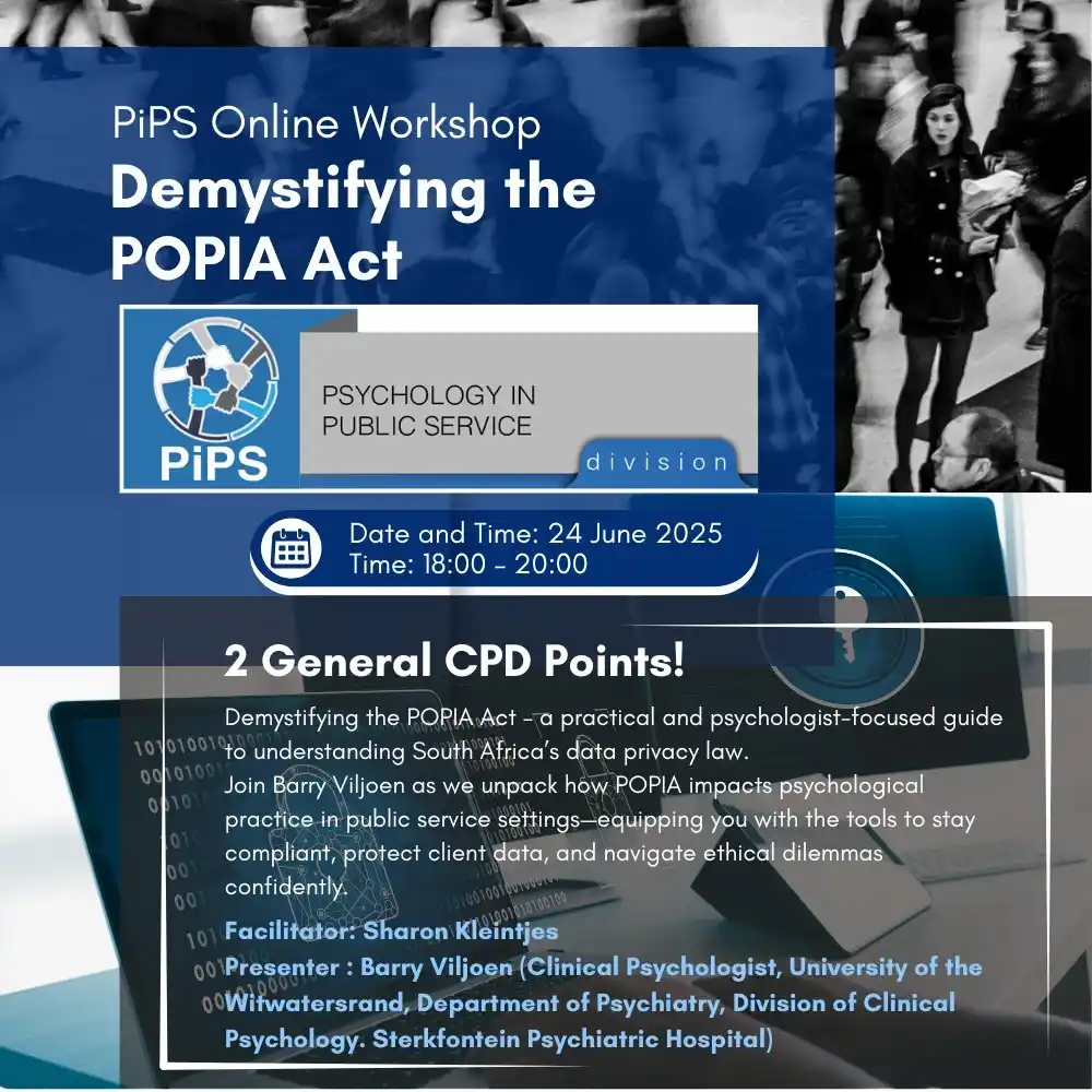 Image from PsySSA: 🔐 PiPS Online Workshop: Demystifying the POPIA Act 🧠 FREE CPD Worksh...