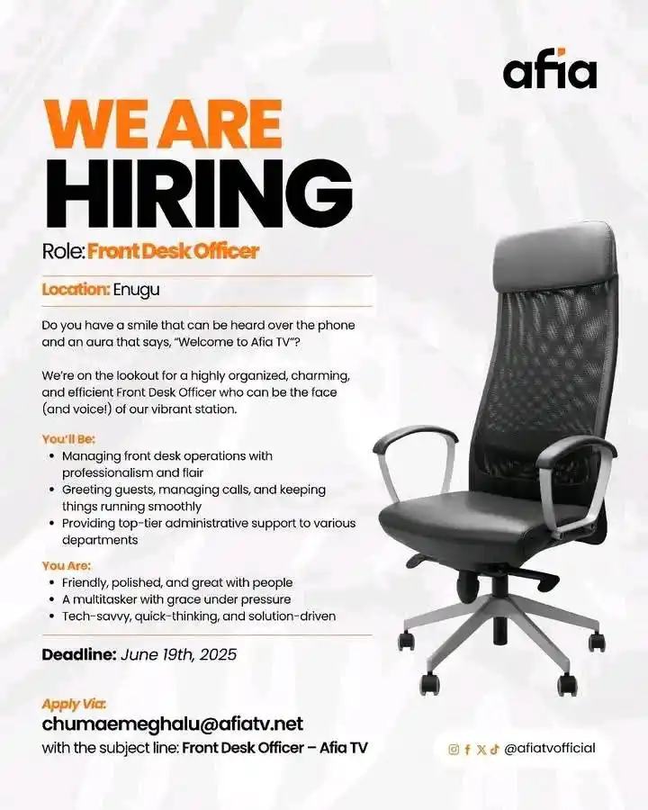 Image from Verifiable Jobs/ Opportunities With #AdetolaElegbeje: Polished. Professional. Personable. Afia TV is hiring a Front Desk Of...