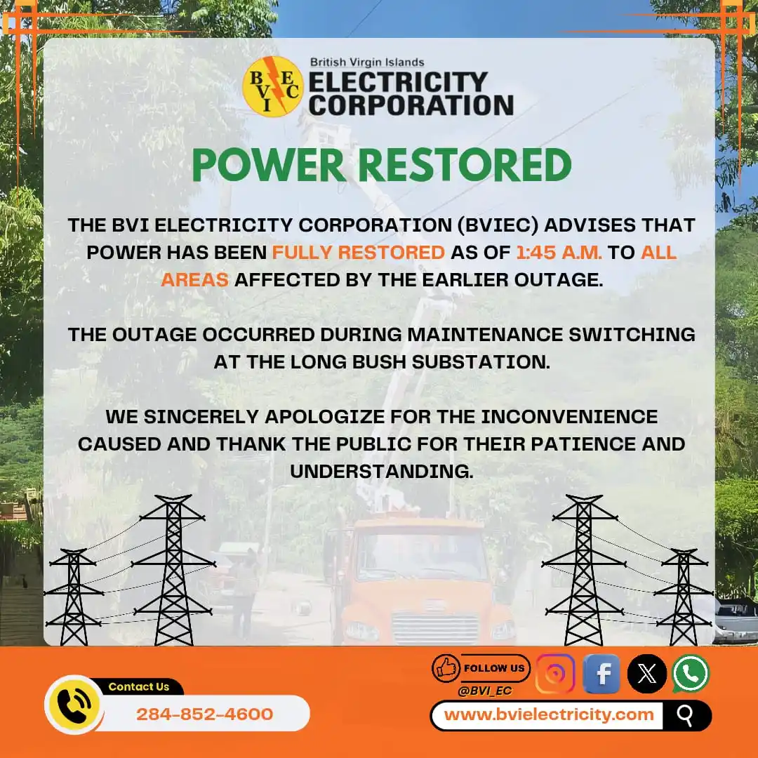 Image from BVIEC: ✅️ Power Outage Update ✅️ The BVI Electricity Corporation (BVIEC) wis...