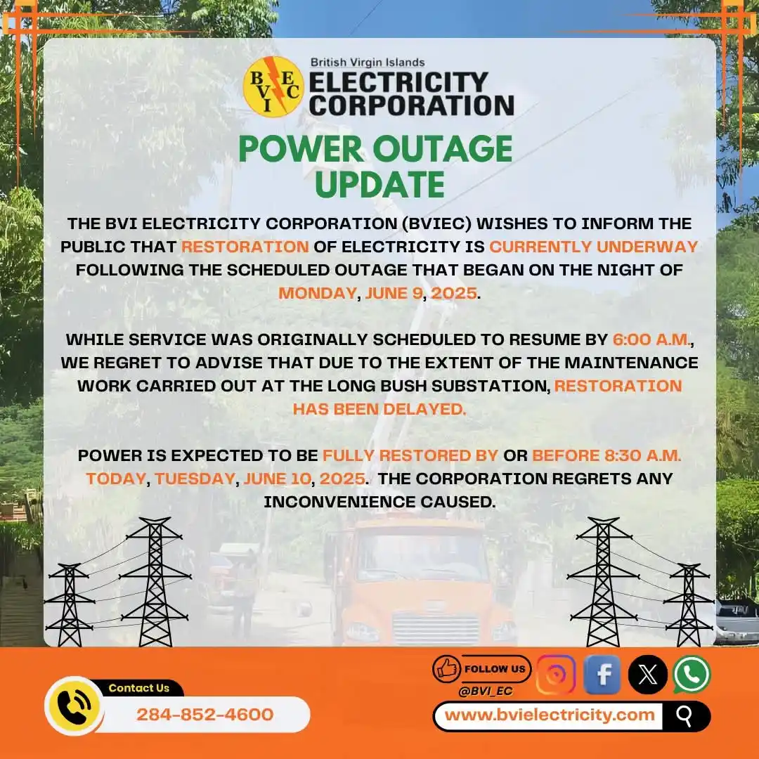 Image from BVIEC: Power Outage Update! The BVI Electricity Corporation (BVIEC) wishes t...