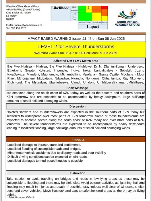 Image from Alert South Africa: *SEVERE THUNDERSTORMS ALERT* A Level 2 warning has been issued for sev...
