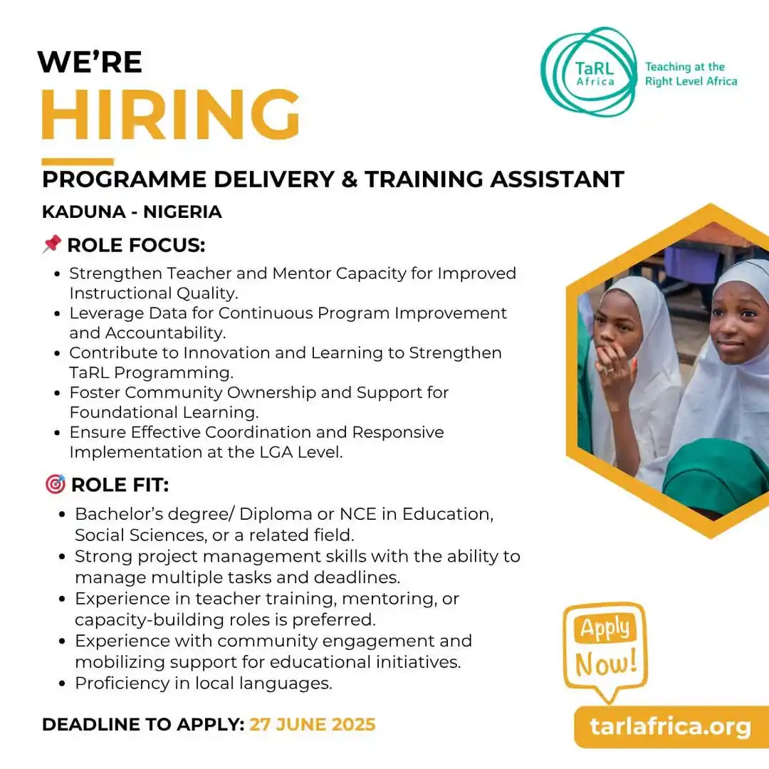 Image from Verifiable Jobs/ Opportunities With #AdetolaElegbeje: TaRL Africa is hiring Programme Delivery and Training Assistants (7 po...