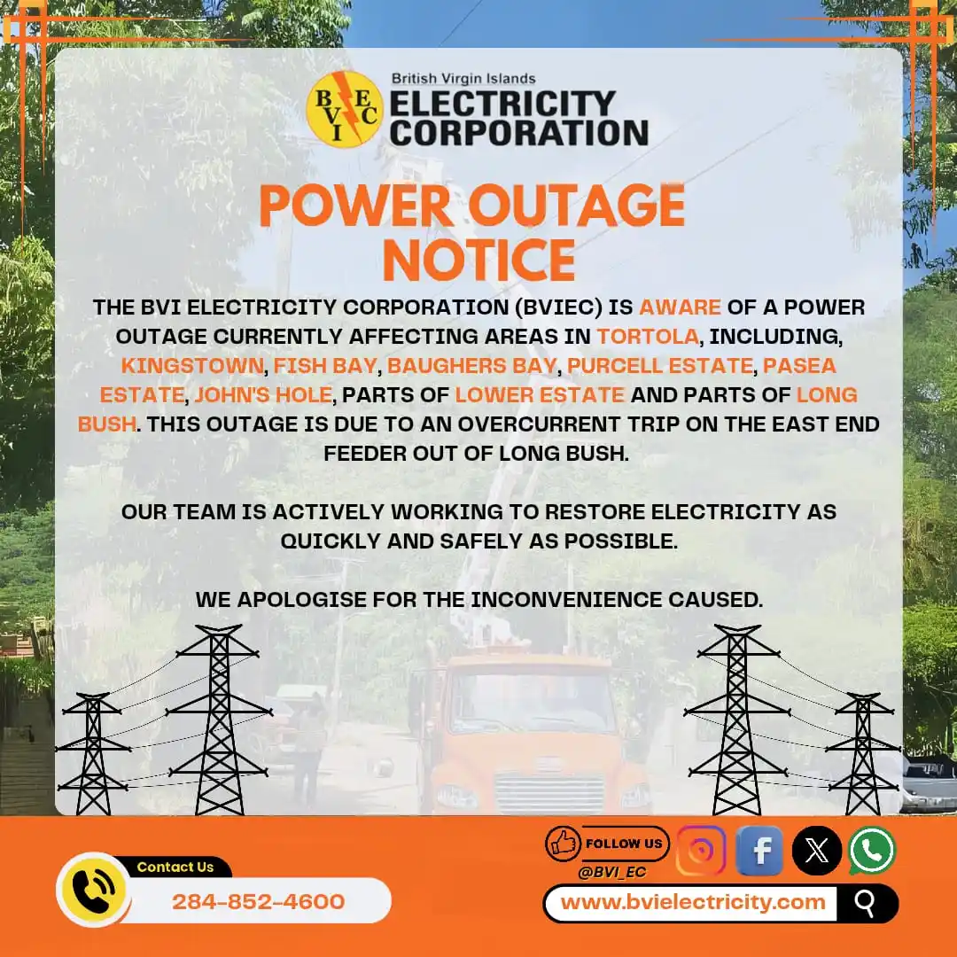 Image from BVIEC: The BVI Electricity Corporation (BVIEC) is aware of a power outage cur...