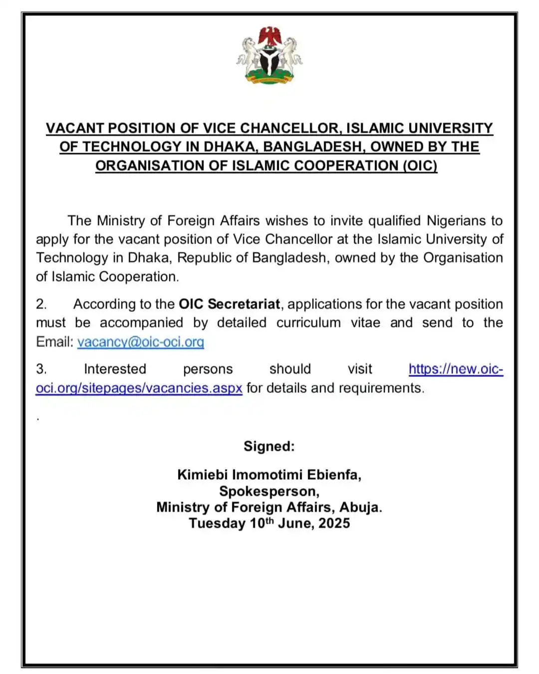 Image from Verifiable Jobs/ Opportunities With #AdetolaElegbeje: VACANT POSITION OF VICE CHANCELLOR, ISLAMIC UNIVERSITY OF TECHNOLOGY I...